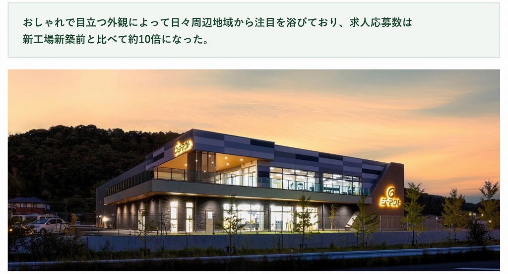地域に開かれた「工場っぽくない工場」を象徴する夜間のライトアップ外観
